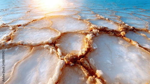 This beautiful image showcases stunning natural salt flats with intricate patterns reflecting the sunset sky, creating a serene and mesmerizing landscape filled with tranquility.