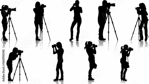 Silhouettes of photographers with cameras and tripods in various poses taking pictures