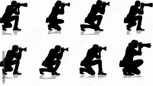 Silhouettes of photographers in various poses capturing images with cameras in a studio setting on white background