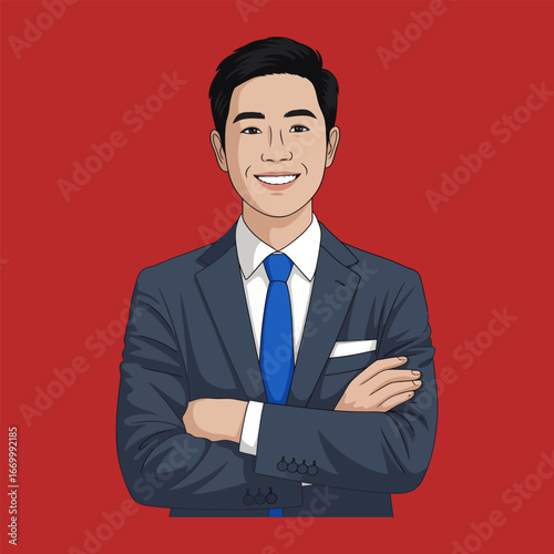 Portrait of a happy Asian man with crossed arms flat vector