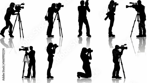 Silhouette figures of photographers and videographers with cameras on white background