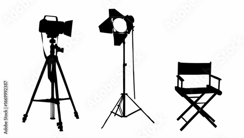 Silhouette of a camera on a tripod, a stage light and a director chair on a white background scene