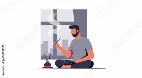 Man meditating with incense by the window in a modern interior  
