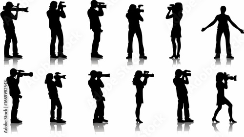 Silhouette figures of photographers and a person with open arms in a row on white background