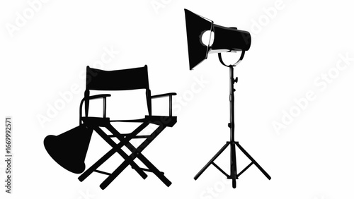 Illustration of a director's chair and a studio light in black and white silhouette style art