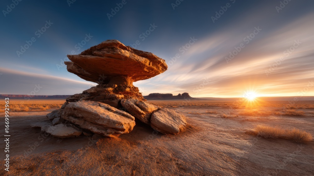 Fototapeta premium A breathtaking view of a unique rock formation under a vibrant sunset that captures the essence of nature's beauty and the serenity of the desert landscape.