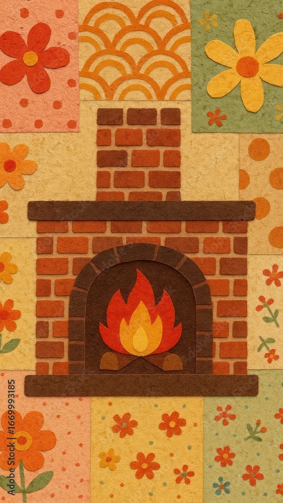 Fototapeta premium Cozy fireplace floral patchwork wallpaper.