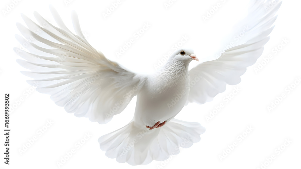 Fototapeta premium A free flying white dove isolated on a transparent background