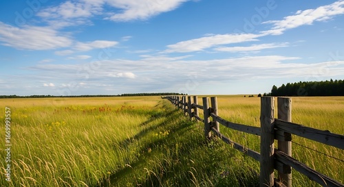 Wooden Fence in a Golden Field Under a Blue Sky.