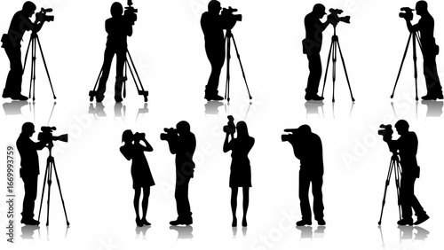 Silhouette illustrations of people using cameras and tripods in various positions and orientations
