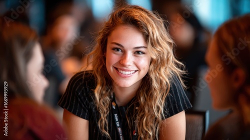 Wallpaper Mural An inviting image of a young woman with curly hair, smiling brightly at a lively social gathering, exuding warmth and confidence amidst her surrounding friends and conversation. Torontodigital.ca
