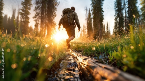 A silhouette of a lone hiker traversing a beautiful forest path, illuminated by the warm glow of the sunset, representing adventure and a connection to nature's serenity.