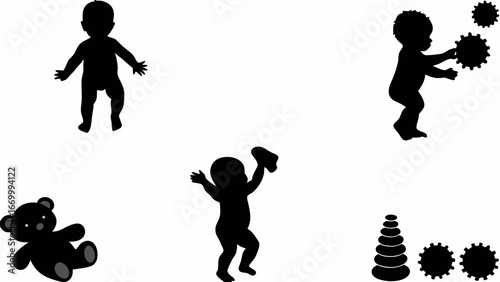 Silhouettes of babies playing with toys including a teddy bear and stacking rings in black and white