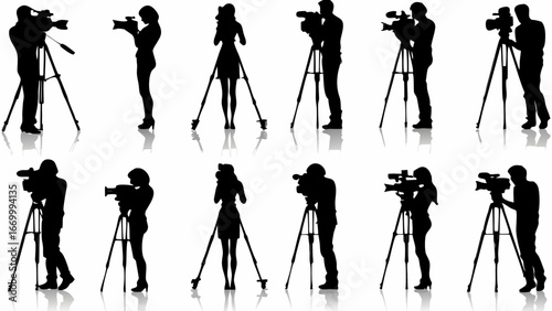Silhouette of people using cameras on tripods in various poses and configurations on a white background