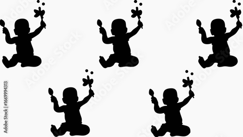 Silhouettes of babies sitting and holding toys in a repeating pattern on a white background image