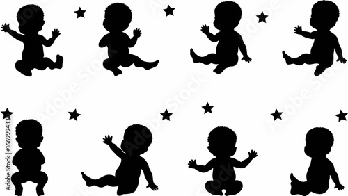 Silhouetted babies in various poses with stars scattered across a white background creating a pattern