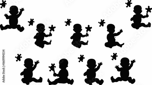 Silhouette illustration showing multiple babies with toys scattered across a white background design layout