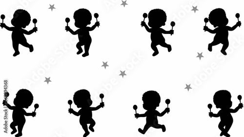 Silhouette pattern of babies with rattles and stars on a white background for baby products design