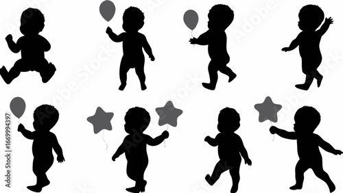 Silhouettes of babies in various poses holding balloons and stars on a white background design element