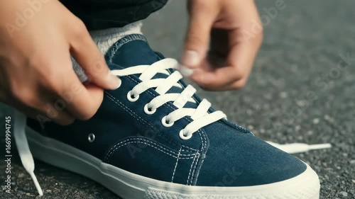 Shoelaces are tied neatly on a canvas sneaker, with detailed hand motion and outdoor light