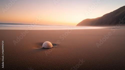 Fototapeta Naklejka Na Ścianę i Meble -  Tranquil beach sunset with seashell on sandy shoreline