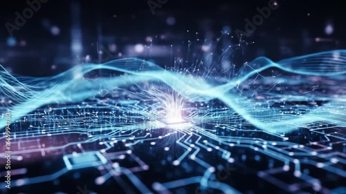 Wallpaper Mural Illuminated computer chip with glowing blue circuits and light waves Torontodigital.ca