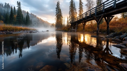 A picturesque lake at sunset creating stunning reflections of trees and a wooden bridge, showcasing the serene beauty of nature and the calm of twilight.