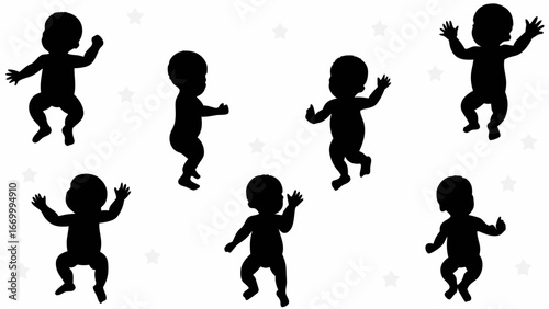 Silhouette illustration of multiple babies in various poses against a white background with star shapes