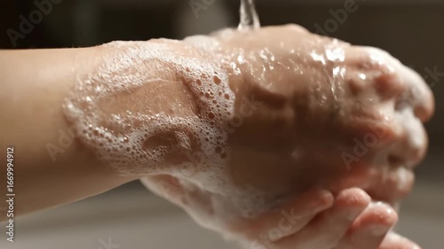 Soap bubbles glide over skin with running water, catching natural light in a clean close-up