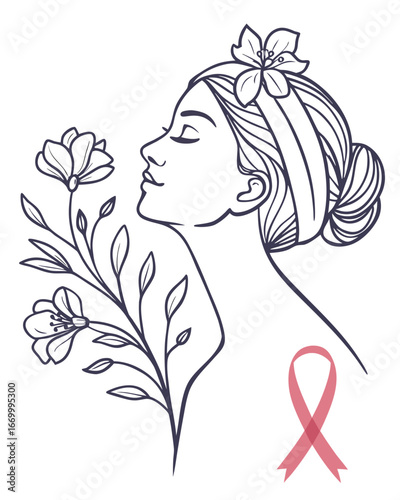 Breast Cancer Awareness Line Art. A minimalist vector of a woman, flower, and pink ribbon for hope and support