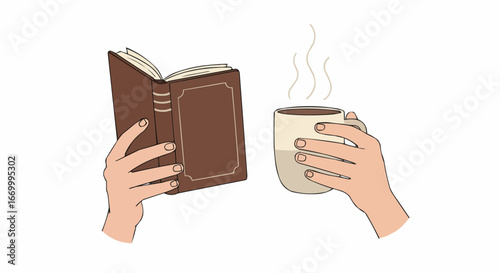 Two hands holding a book and a cup of coffee with steam  