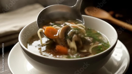 Soup swirls as it's poured into a bowl, revealing warm ingredients and rising steam