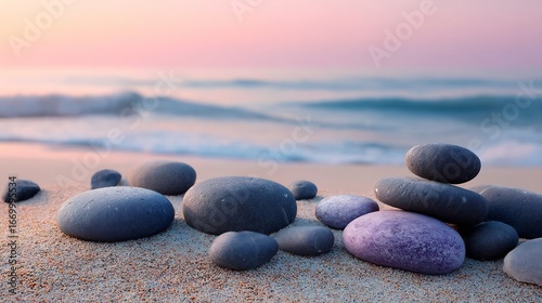 Fototapeta Naklejka Na Ścianę i Meble -  Calm beach scene with smooth rocks and ocean waves at sunset for meditation and relaxation wallpaper