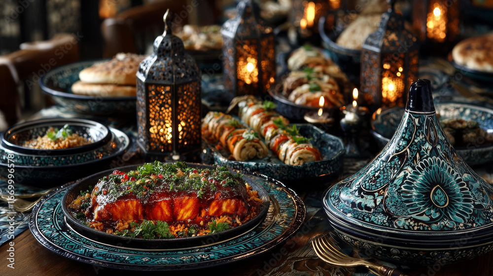 Fototapeta premium Arabic Cuisine: Middle Eastern traditional lunch fattah, tajine, kabab, kabsa, and kofta It's also Ramadan Iftar. The meal eaten by Muslims during Ramadan, Assorted Arabic oriental dishes.top view