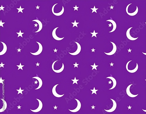 Simple repeating pattern of white stars and moons on a purple background