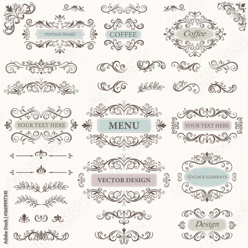 Vintage decorative frames and ornamental design elements with calligraphy swirls, flourishes, ornate motifs and scrolls. Vector illustration