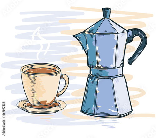 Brewed aroma coffee cup and moka pot, hand-drawn vector illustration