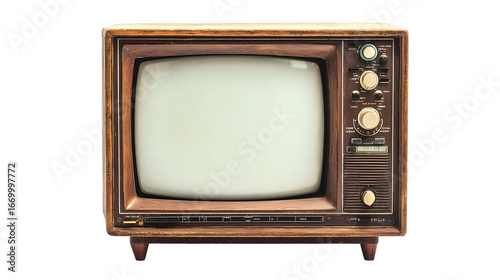 An old vintage retro tv television set with blank screen isolated on a transparent background