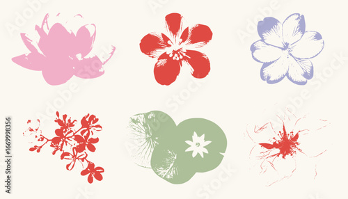Vector floral textured prints, minimalist Japanese style flowers for pattern, tattoo, or background design