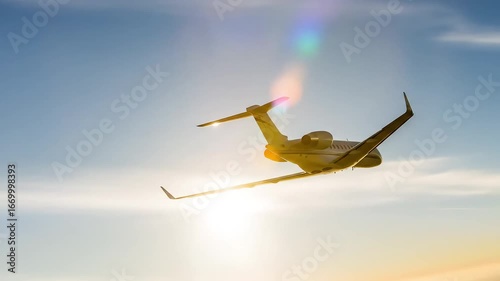 A sleek private jet soars through a bright blue sky, illuminated by the golden light of a setting or rising sun with a prominent lens flare.