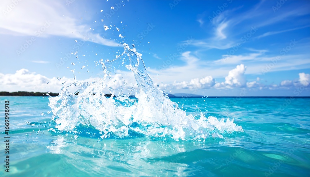 Obraz premium Water splashing in a tranquil ocean scene under a bright blue sky