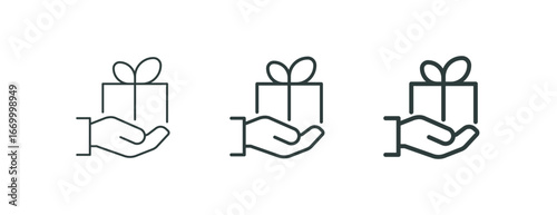 Prize bonus, gift surprise, mystery box, wedding giftbox outline icons. Line signs gift box in hand tied with festive ribbon. Vector isolated pictograms for web on white background editable stroke.