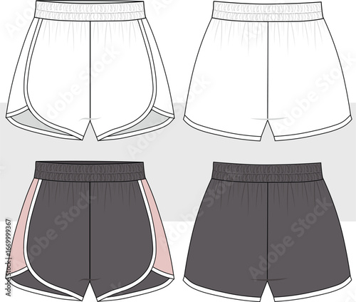 Women's elastic waist sport shorts, activewear fashion technical drawing, flat sketch, Illustration. Front and back view, CAD, Mockup set.