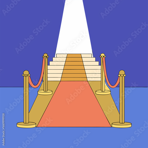 A realistic, cinematic photo of a glamorous red carpet event. The scene shows a luxurious red carpet leading forward with elegant golden stanchions and red velvet ropes on both sides. Bright spotlight