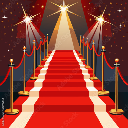A realistic, cinematic photo of a glamorous red carpet event. The scene shows a luxurious red carpet leading forward with elegant golden stanchions and red velvet ropes on both sides. Bright spotlight