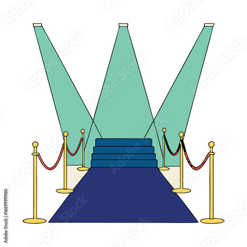 A realistic, cinematic photo of a glamorous red carpet event. The scene shows a luxurious red carpet leading forward with elegant golden stanchions and red velvet ropes on both sides. Bright spotlight