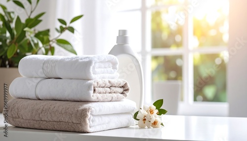 Freshly laundered towels stacked neatly in a bright, sunny home environment.