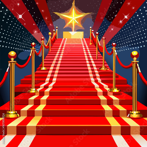 A realistic, cinematic photo of a glamorous red carpet event. The scene shows a luxurious red carpet leading forward with elegant golden stanchions and red velvet ropes on both sides. Bright spotlight