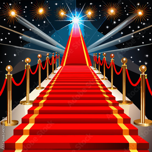 A realistic, cinematic photo of a glamorous red carpet event. The scene shows a luxurious red carpet leading forward with elegant golden stanchions and red velvet ropes on both sides. Bright spotlight