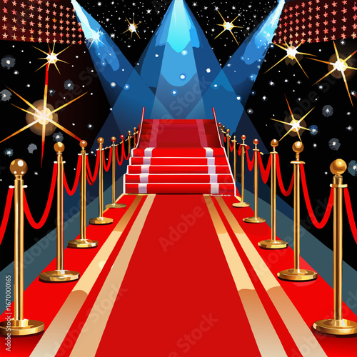 A realistic, cinematic photo of a glamorous red carpet event. The scene shows a luxurious red carpet leading forward with elegant golden stanchions and red velvet ropes on both sides. Bright spotlight